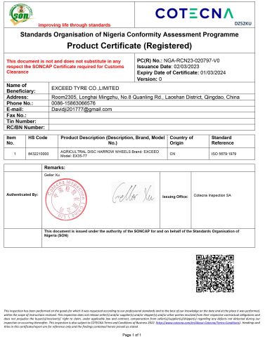 CN2304216 NGA-RCN23-020797-V0 certificate of Qingdao Exceed Tyre Co. Ltd – certificate photo, supplier certificates section