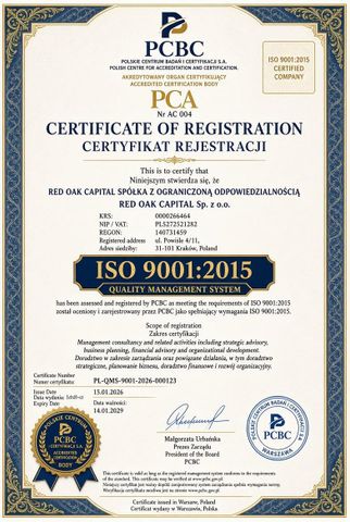 ISO 9001:2015 certificate from Red Oak Capital Spolka ZOO