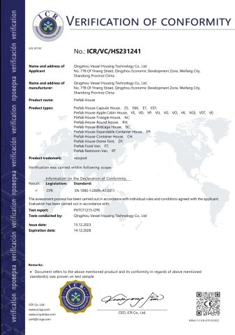 CE Certificate of Prefab House certificate from Qingzhou Vessel Housing Technology Co., Ltd.