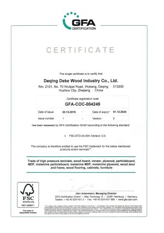 FSC certificate certificate from Deqing Deke Wood Industry Co., Ltd.