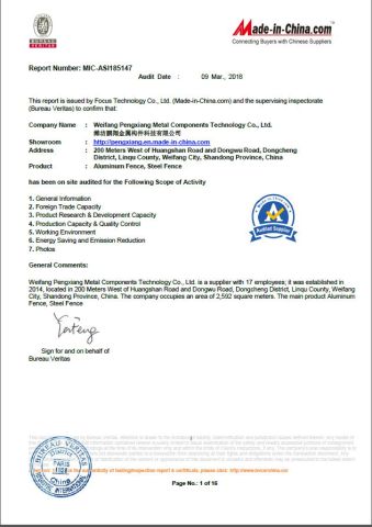 BV Certificate certificate from Weifang Pengxiang Metal Components Technology Co., Ltd.
