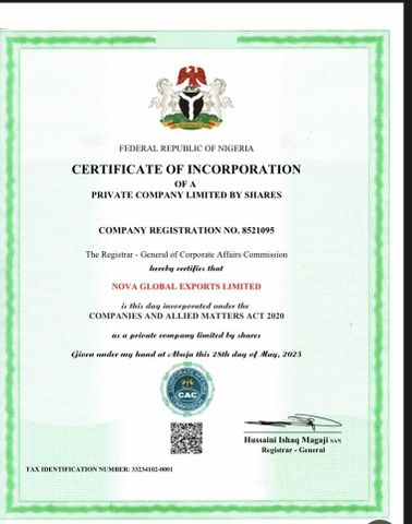 CAC Certificate  certificate from Nova Global Exports Limited 
