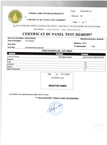 Laboratory Verified by ONH-Sfax (Tunisia's National Oil Office) certificate of Sidi Ahmed Tellili For Agriculture Production – certificate photo, supplier certificates section