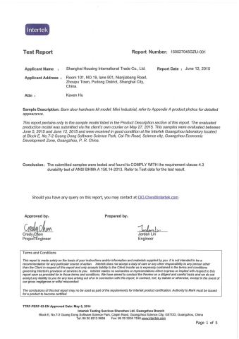 Barn Door Hardware Test Report certificate from Shanghai Housing International Trade Co., Ltd.