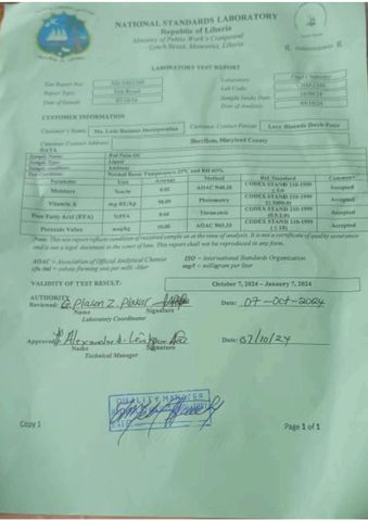 Palm oil test Result certificate from Calaw Foods Inc 