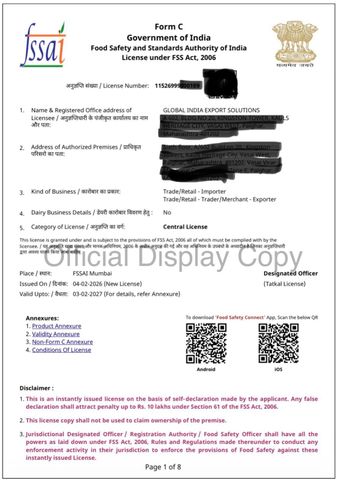 FSSAI FOSCOS LICENCE certificate from GLOBAL INDIA EXPORT SOLUTIONS