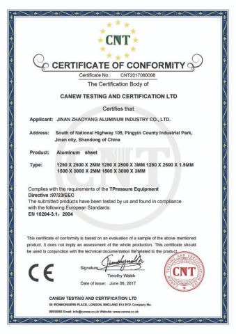 CE certificate of Jinan Zhaoyang Aluminium Industry Co., Ltd – certificate photo, supplier certificates section