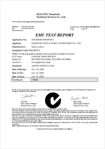 GARAGE DOOR OPENER,G5800(EMC OF CE) certificate from BISEN SMART ACCESS CO., LTD.