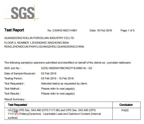 FDA certificate from Rollin Porcelain Industrial Co., Ltd.