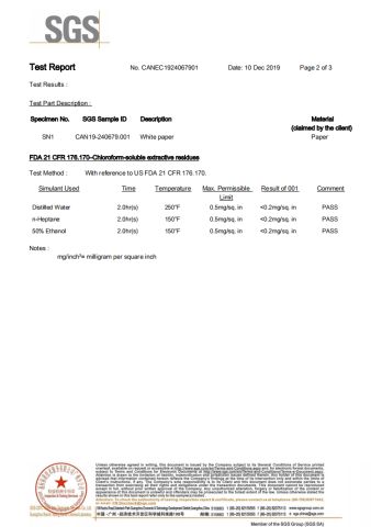 FDA 21 CFR 176.170-CHLOROFORM-SOLUBLE EXTRACTIVE RESIDUES certificate from Green Woods Paper & Stationery Co., Ltd.