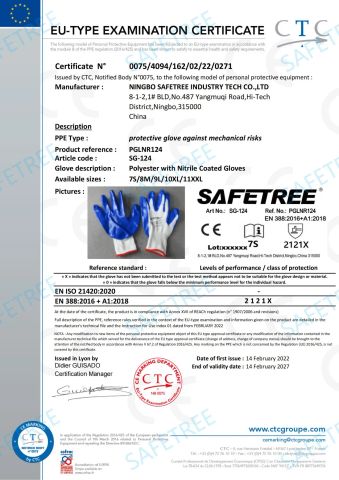Certificate of nitrile Gloves certificate from Zhejiang Safetree Industry Tech Co., Ltd.