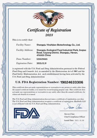 FDA certificate from Shangqiu Yinzhijian Biotechnology Co.,Ltd