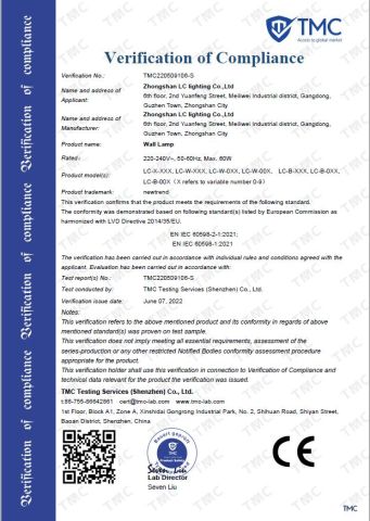 Verification of Compliance certificate of Zhongshan LC lighting Co.,Ltd. – certificate photo, supplier certificates section