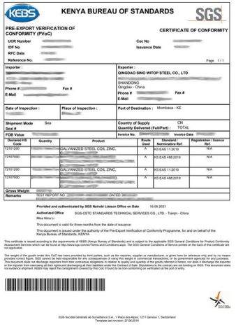 PVOC certificate of Qingdao Witop Steel Co., Ltd – certificate photo, supplier certificates section