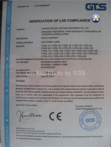 CE certificate from BAODE LIGHTING GROUP CO., LTD.