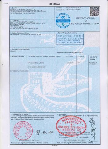 CERTIFICATE OF ORIGIN certificate from Xuchang Hengyisheng Commercial Co., Ltd.