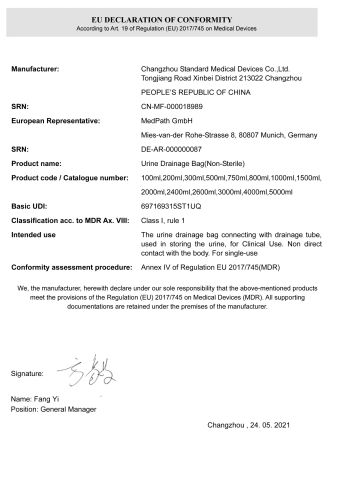 Doc for Urine bag non sterile certificate from Changzhou Standard Medical Devices Co., Ltd.