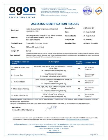 Product Inspection Report certificate from Hebei Zhongcheng Tongchuang Integrated Housing Co., Ltd