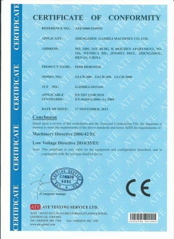 CE for fish deboner certificate from Zhengzhou Gashili Machinery Co., Ltd.