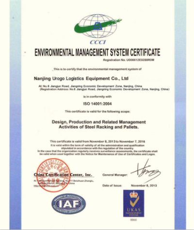 URGO racking ISO 14001 Environmental Management System Certificate certificate of Nanjing Urgo Logistics Equipment Co., Ltd. – certificate photo, supplier certificates section