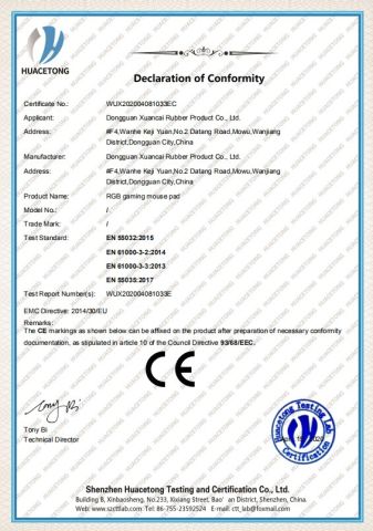 CE Certificate of RGB gaming mouse pad certificate from Guangzhou Xuancai Technology Industrial Co.,Ltd
