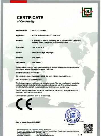 Linear High Bay LVD certificate from Rayborn Lighting Industry Co., Ltd.