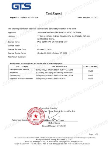 PVC DOOR MAT EN71 GTS certificate from JUXIAN HONGFA RUBBER AND PLASTIC FACTORY