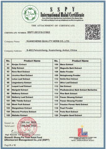 Halal Certificate 5 certificate from Xuancheng Quality Herb Co., Ltd.