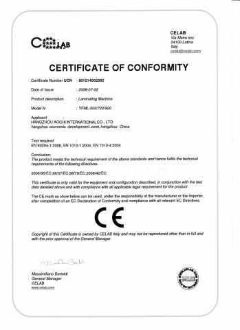 CE For YFML Series certificate of Hangzhou Aochi International Co., Ltd. – certificate photo, supplier certificates section