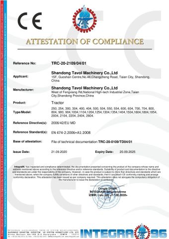 Tractor CE certificate from SHANDONG TAVOL MACHINERY CO., LTD.