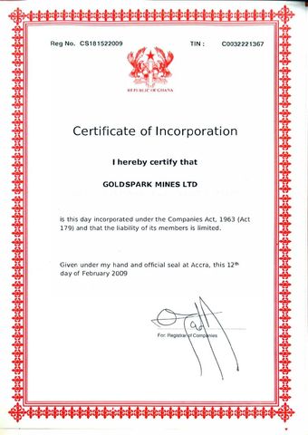 Certificate of Incorporation certificate from Goldspark Mines Ltd