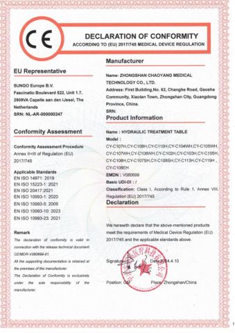 DOC--HYDRAULIC TREATMENT TABLE certificate from Zhongshan Chaoyang Medical Technology Co., Ltd.
