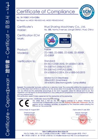 CE certificate for Folder certificate from Wuxi Sharing Machinery Co., Ltd.