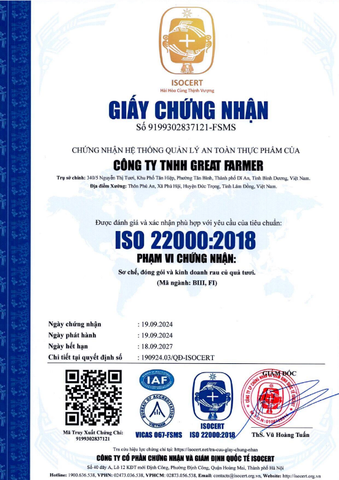 ISO 22000:2018 certificate from Great Farmer Company Limited