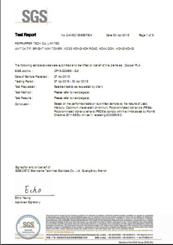 Test Report of Copper PLA 3d filament certificate from Guangzhou Yousu3D Technology Co., Ltd.