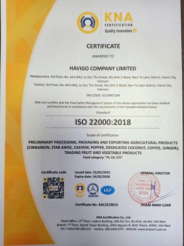 ISO certificate from Havigo company