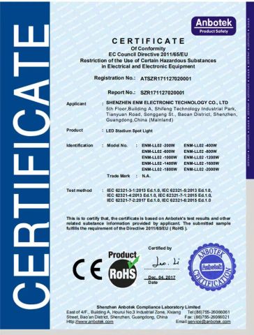 CE certificate for LED Stadium Light certificate from Shenzhen ENM Electronic Technology Co., Ltd