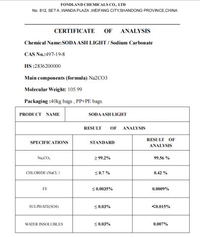 COA-SODA ASH certificate of FONDLAND CHEMICALS CO., LTD. – certificate photo, supplier certificates section