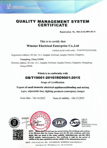 ISO 9001 certificate from Winstar Electrical Enterprise Company Limited