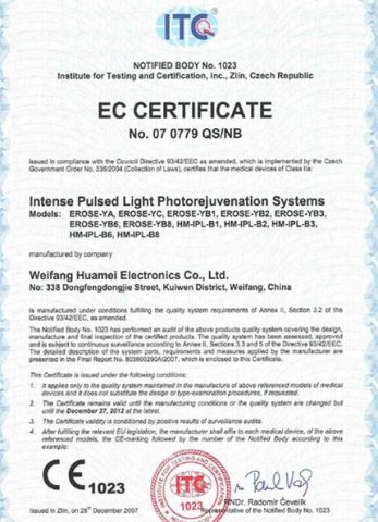 IPL CE certificate from Weifang Huamei Electronics Co., Ltd.