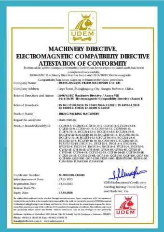 CE Filling Packing Machinery certificate of Zhangjiagang Fillers Machinery Co., Ltd – certificate photo, supplier certificates section