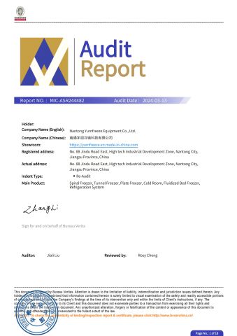 Audit Report certificate of YURNFREEZE EQUIPMENT CO., LTD. – certificate photo, supplier certificates section