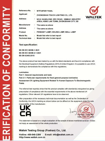 UKCA certificate from Zhongshan Touch Lighting Co., Ltd.