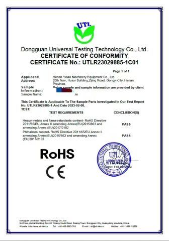 ROHS certificate of Henan Yibao Machinery Equipment Co., Ltd. – certificate photo, supplier certificates section