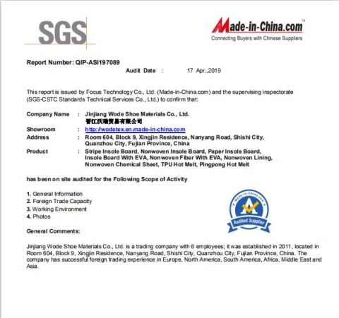 SGS certificate from QUANZHOU WORUI NEW MATERIAL CO.,LTD