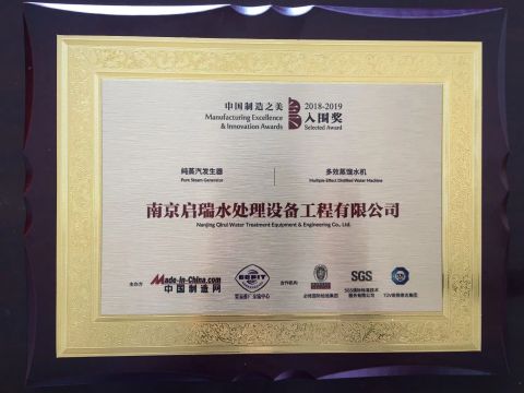Manufacturing Excellence & Innovation Awards certificate from Nanjing Qirui Water Treatment Equipment & Engineering Co., Ltd.
