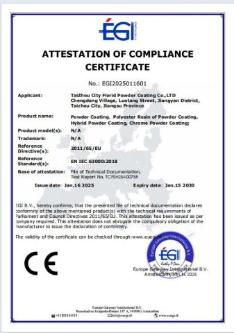 CE Certification certificate from Taizhou City Florid Powder Coating Co., Ltd.