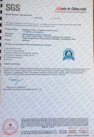 Chinese Suppliers certificate from Guangzhou Yosen Hardwares Manufacturing Co., Ltd.