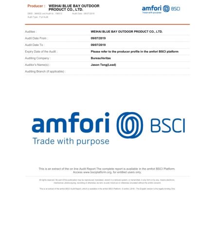 BSCI certificate from Weihai Blue Bay Outdoor Product Co., Ltd.