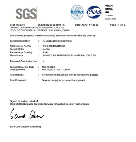 sgs certificate from Anhui Xiaoshan Hope Medical Devices Co., Ltd.